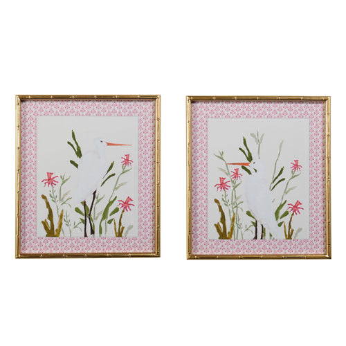 Egret Bird in Gold Bamboo Frame