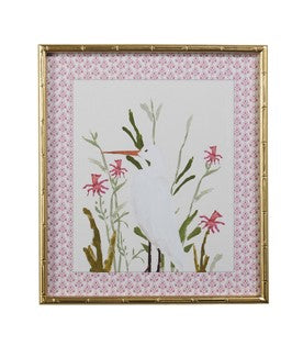 Egret Bird in Gold Bamboo Frame