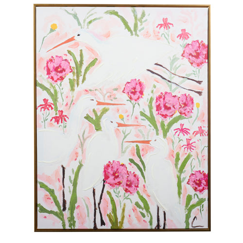 Egret Flock in Camellias Canvas